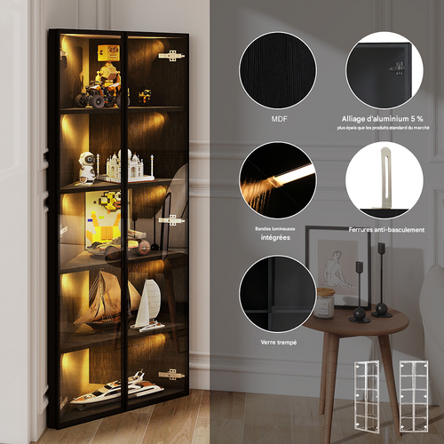 Vitrine LED-Angle Droit à 90°-Meuble de Rangement-Idéal petits espaces-En Verre-Noir