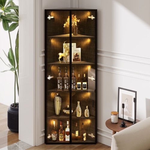 Vitrine LED-Angle Droit à 90°-Meuble de Rangement-Idéal petits espaces-En Verre-Noir