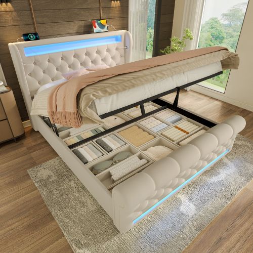 Lit Simple 140x200cm-avec Éclairage LED-avec Ports USB Et Type-c-sommier Hydraulique-beige