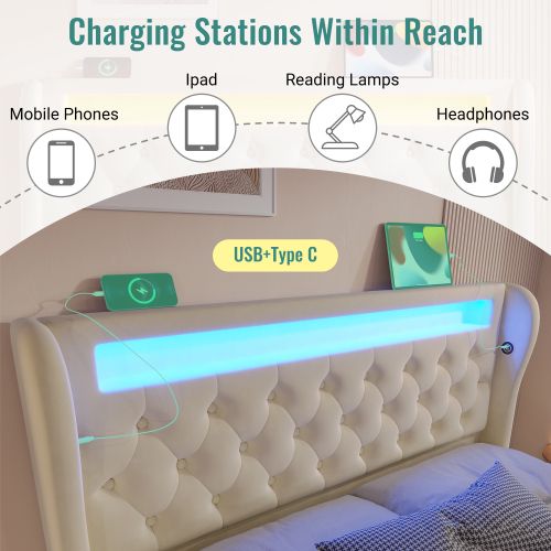 Lit Simple 140x200cm-avec Éclairage LED-avec Ports USB Et Type-c-sommier Hydraulique-beige