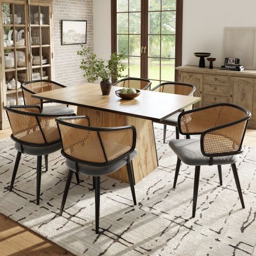 6 Chaises De Table-avec Dossier En Rotin-coussins D'assise En Velours-salons Et Cafés-gris