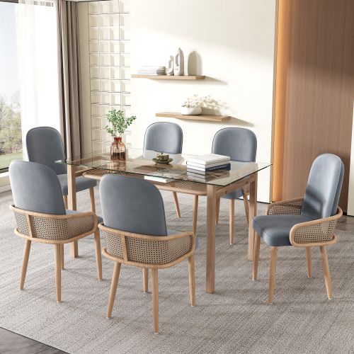 6 Chaises De Table-en Velours-design Rotin-avec Quatre Pieds En Métal (effet Bois)-gris