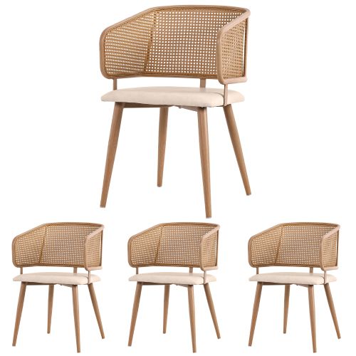 4 Chaises De Table-avec Dossier En Rotin-pieds En Métal (effet Bois)-gris