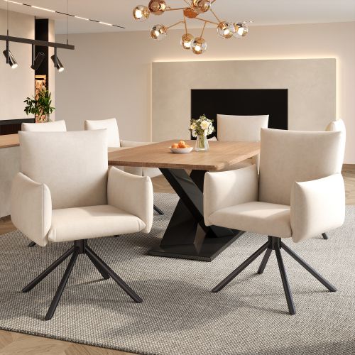 6 Chaises De Table-pivotant à 360°-fauteuil Rembourré-avec 4 Pieds En Métal-en Velours-beige