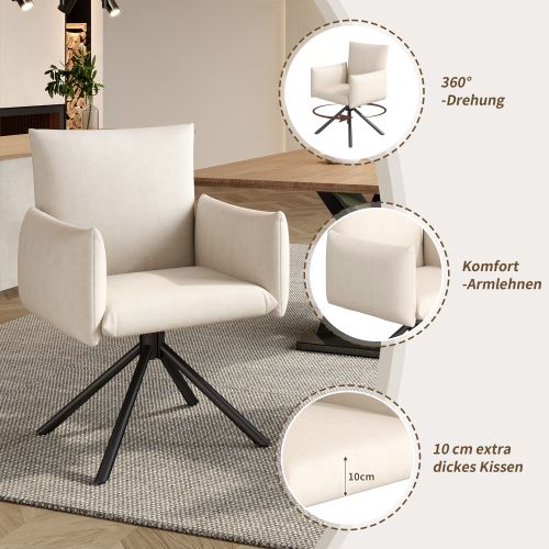 2 Chaises De Table-pivotant à 360°-fauteuil Rembourré-avec 4 Pieds En Métal-en Velours-beige