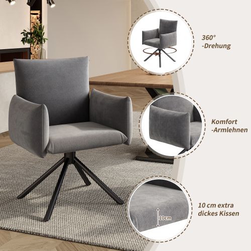 2 Chaises De Table-pivotant à 360°-fauteuil Rembourré-avec 4 Pieds En Métal-en Velours-gris