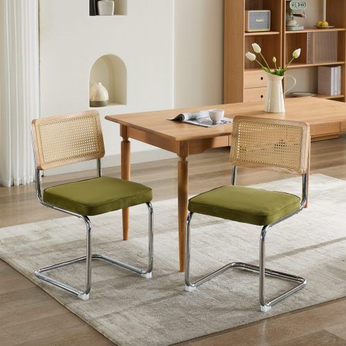 2 Chaises De Table-avec Dossier En Rotin-base En Acier Inoxydable Chromé-vert Olive