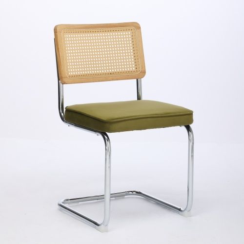 2 Chaises De Table-avec Dossier En Rotin-base En Acier Inoxydable Chromé-vert Olive