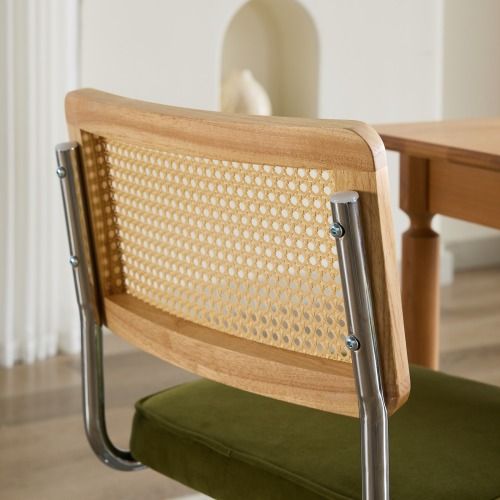 2 Chaises De Table-avec Dossier En Rotin-base En Acier Inoxydable Chromé-vert Olive