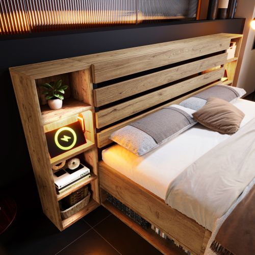 Lit Double 180x200cm-lit Adulte En Bois Massif-avec Éclairage LED Et Port USB-c-naturel