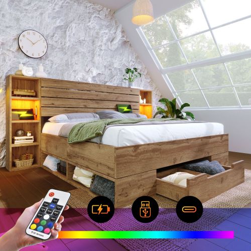 Lit Double 180x200cm-lit Adulte En Bois Massif-avec Éclairage LED Et Port USB-c-naturel