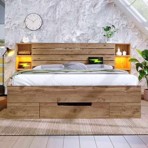 Lit Double 180x200cm-lit Adulte En Bois Massif-avec Éclairage LED Et Port USB-c-naturel