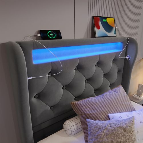 Lit Simple 90x200cm-avec Éclairage LED-avec Ports USB Et Type-c-sommier Hydraulique-gris