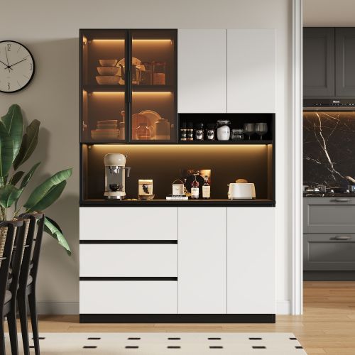 Buffet de Cuisine - vitrines De Cuisine - avec Éclairage LED- blanc Et Noir