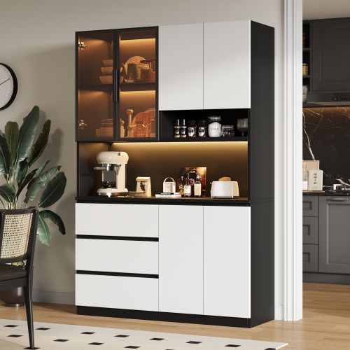 Buffet de Cuisine - vitrines De Cuisine - avec Éclairage LED- blanc Et Noir