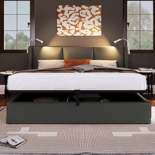 Lit Double 160x200cm-coffre De Lit Avec Rangement-lampe De Lecture Avec Port USB-gris