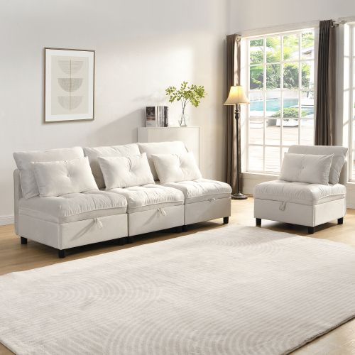 Canapé Modulable 4 Places-espace De Rangement Sous Tous Les Coussins D'assise-en Chenille-beige