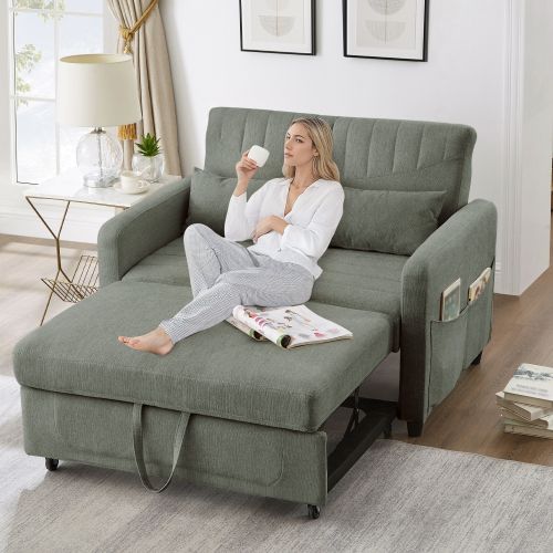 Canapé-lit Deux Places-dossier Réglable En Trois Positions-tissu Respirant En Coton Et Lin-vert