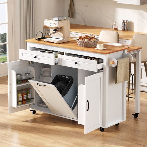 Ilot De Cuisine Avec Plateau Extensible, 2 Portes, 2 Tiroirs Et Compartiment Pour Poubelle Blanc