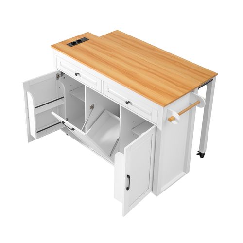 Ilot De Cuisine Avec Plateau Extensible, 2 Portes, 2 Tiroirs Et Compartiment Pour Poubelle Blanc