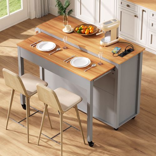 Ilot De Cuisine Avec Plateau Extensible, 2 Portes, 2 Tiroirs Et Compartiment Pour Poubelle Gris