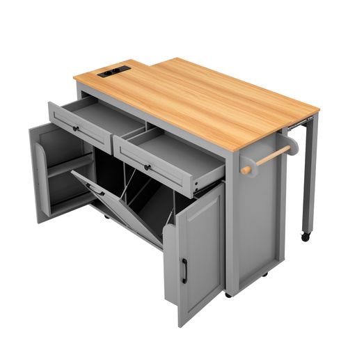Ilot De Cuisine Avec Plateau Extensible, 2 Portes, 2 Tiroirs Et Compartiment Pour Poubelle Gris