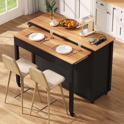 Ilot De Cuisine Avec Plateau Extensible, 2 Portes, 2 Tiroirs Et Compartiment Pour Poubelle Noir