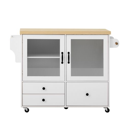 Ilot Central Ilot De Cuisine Avec Plateau De Table Pliable, 2 Portes Et 3 Tiroirs Blanc