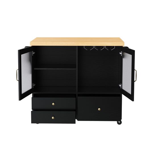 Ilot Central Ilot De Cuisine Avec Plateau De Table Pliable, 2 Portes Et 3 Tiroirs Noir