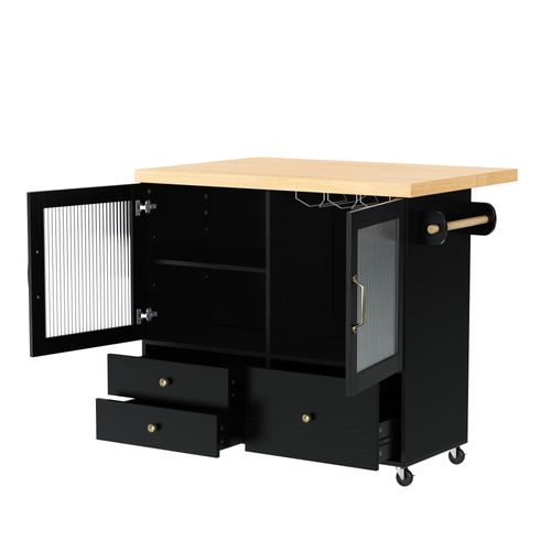 Ilot Central Ilot De Cuisine Avec Plateau De Table Pliable, 2 Portes Et 3 Tiroirs Noir