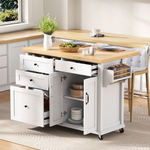 Ilot Central Ilot De Cuisine Avec Plateau De Table Pliable, 2 Portes Et 4 Tiroirs Blanc