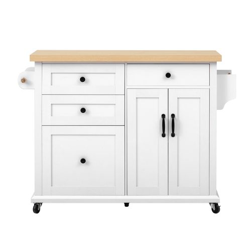 Ilot Central Ilot De Cuisine Avec Plateau De Table Pliable, 2 Portes Et 4 Tiroirs Blanc