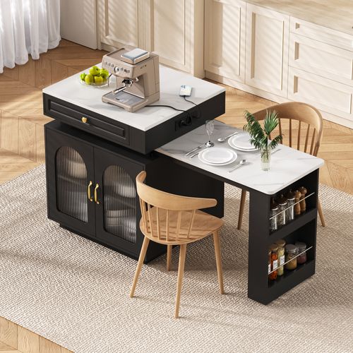 Ilot Central Ilot De Cuisine Avec LED, Plateau Extensible, 1 Tiroir Et 2 Portes Noir