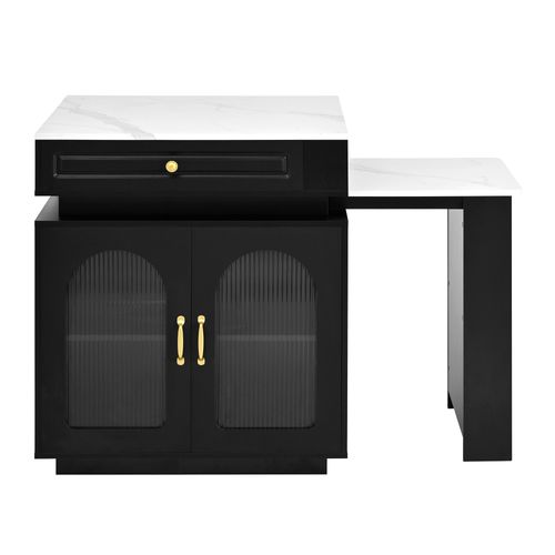 Ilot Central Ilot De Cuisine Avec LED, Plateau Extensible, 1 Tiroir Et 2 Portes Noir