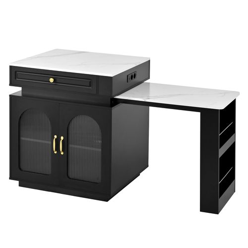 Ilot Central Ilot De Cuisine Avec LED, Plateau Extensible, 1 Tiroir Et 2 Portes Noir