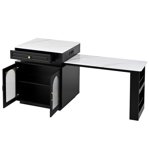 Ilot Central Ilot De Cuisine Avec LED, Plateau Extensible, 1 Tiroir Et 2 Portes Noir