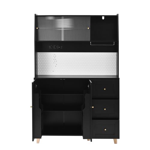 Buffet De Cuisine Avec 4 Portes, 3 Tiroirs Et Porte-verres à Vin Noir