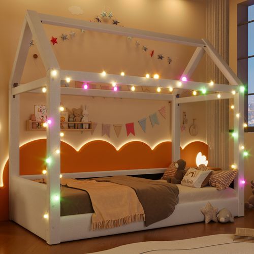Lit Cabane 90 X 200 Cm Avec Bande Lumineuse LED Blanc