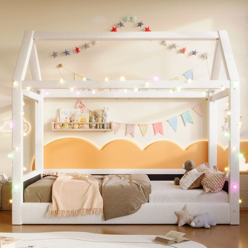 Lit Cabane 90 X 200 Cm Avec Bande Lumineuse LED Blanc