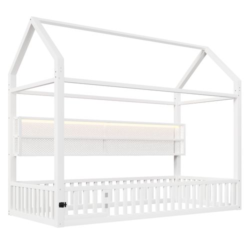 Lit Cabane 90 X 200 Cm Avec LED, Rambarde Et Étagère De Rangement à 2 Niveaux Blanc