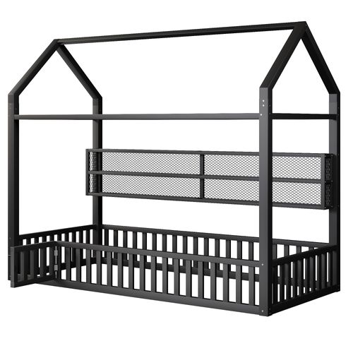 Lit Cabane 90 X 200 Cm Avec LED, Rambarde Et Étagère De Rangement à 2 Niveaux Noir