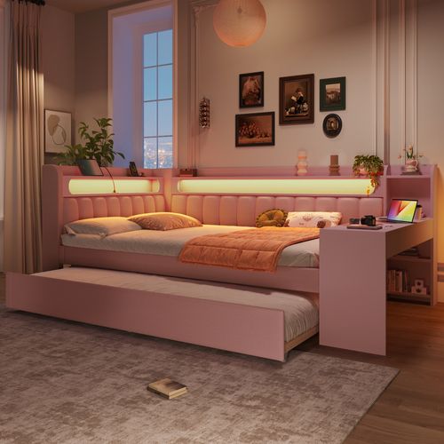 Lit Gigogne 140 X 200 Cm Avec LED, Port USB Et Bureau Au Pied Du Lit Rose