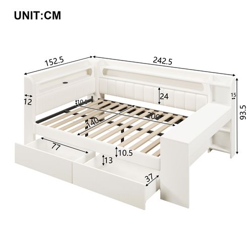 Lit 140 X 200 Cm Avec LED, Port Us, 2 Tiroirs Et Bureau Au Pied Du Lit Blanc