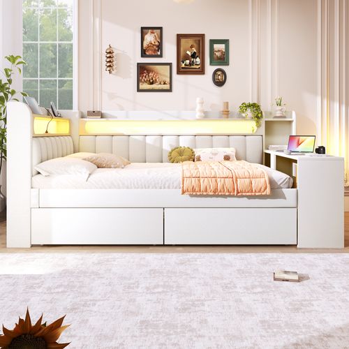 Lit 140 X 200 Cm Avec LED, Port Us, 2 Tiroirs Et Bureau Au Pied Du Lit Blanc