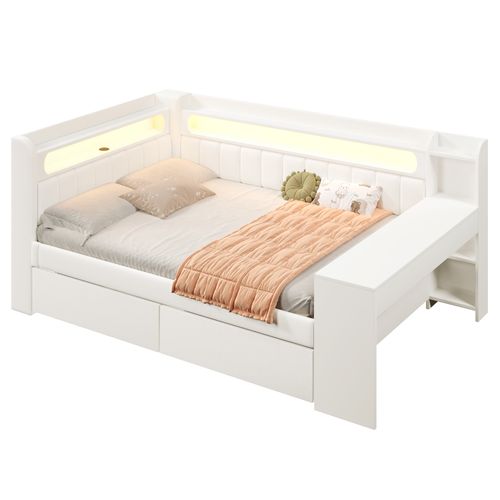 Lit 140 X 200 Cm Avec LED, Port Us, 2 Tiroirs Et Bureau Au Pied Du Lit Blanc