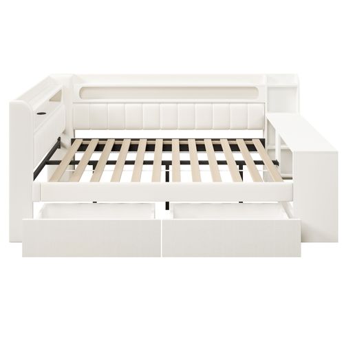 Lit 140 X 200 Cm Avec LED, Port Us, 2 Tiroirs Et Bureau Au Pied Du Lit Blanc