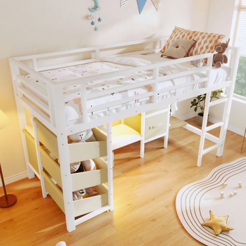 Lit Mezzanine 90 X 200 Cm Avec LED,coussin D'assise, Tiroirs De Rangement En Tissu Et Patères Blanc