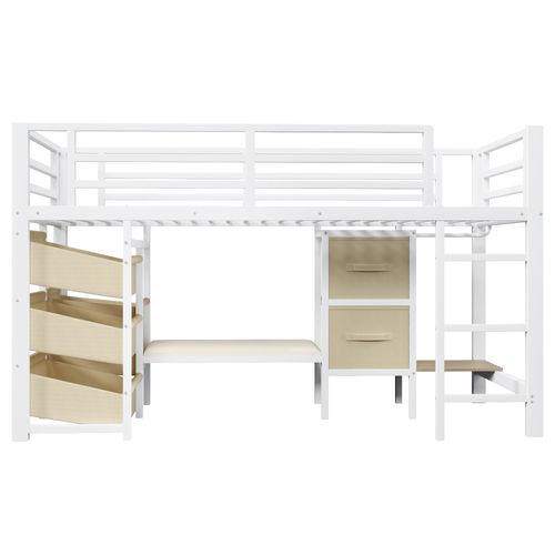 Lit Mezzanine 90 X 200 Cm Avec LED,coussin D'assise, Tiroirs De Rangement En Tissu Et Patères Blanc