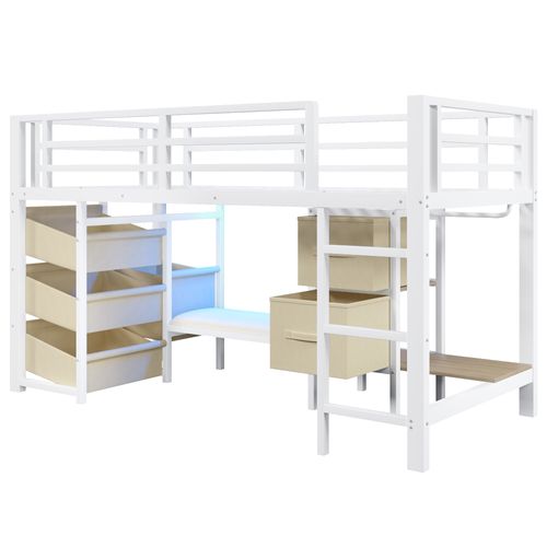 Lit Mezzanine 90 X 200 Cm Avec LED,coussin D'assise, Tiroirs De Rangement En Tissu Et Patères Blanc