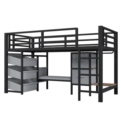 Lit Mezzanine 90 X 200 Cm Avec LED,coussin D'assise, Tiroirs De Rangement En Tissu Et Patères Noir